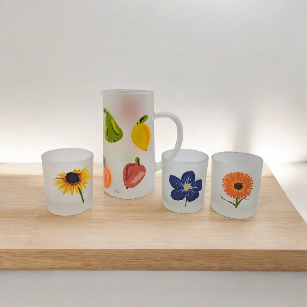 Dartington Spring Time Flowers Frosted Rocks Glass Pitcher & 3 Cups France